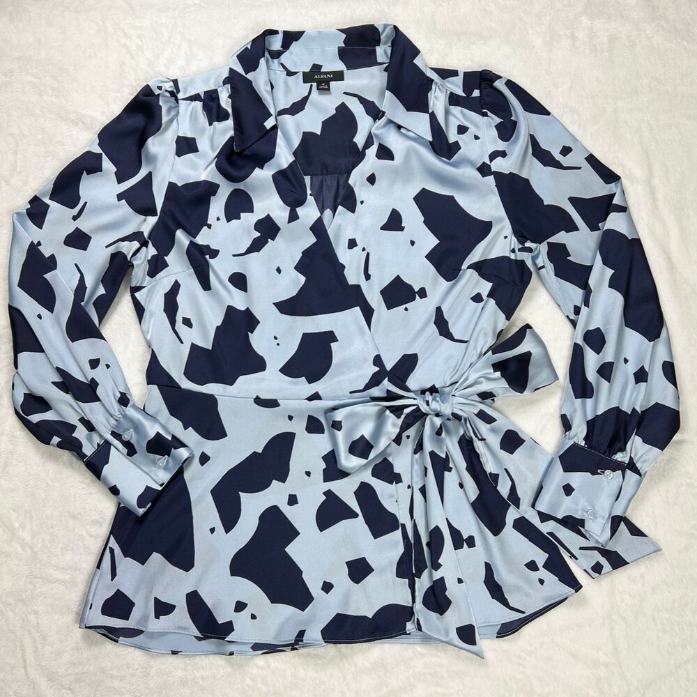 Alfani Wrap Blouse Side Tie Long Sleeve Dark and Light Blue Womens Medium